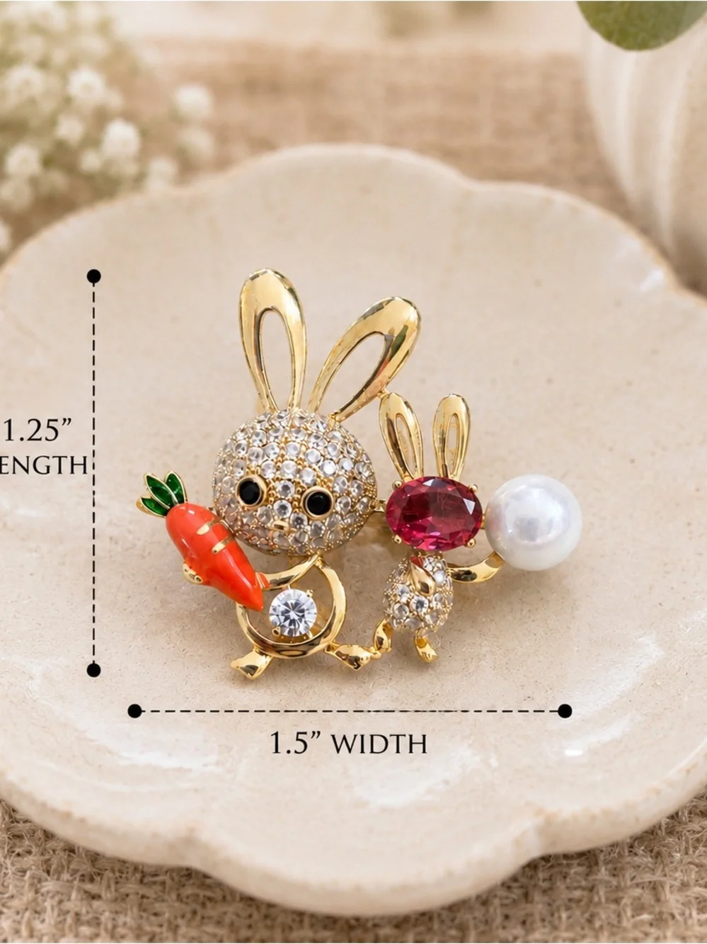 Gold-Tone Bunny Brooch with Red Gem, Pearl & Orange Carrot
